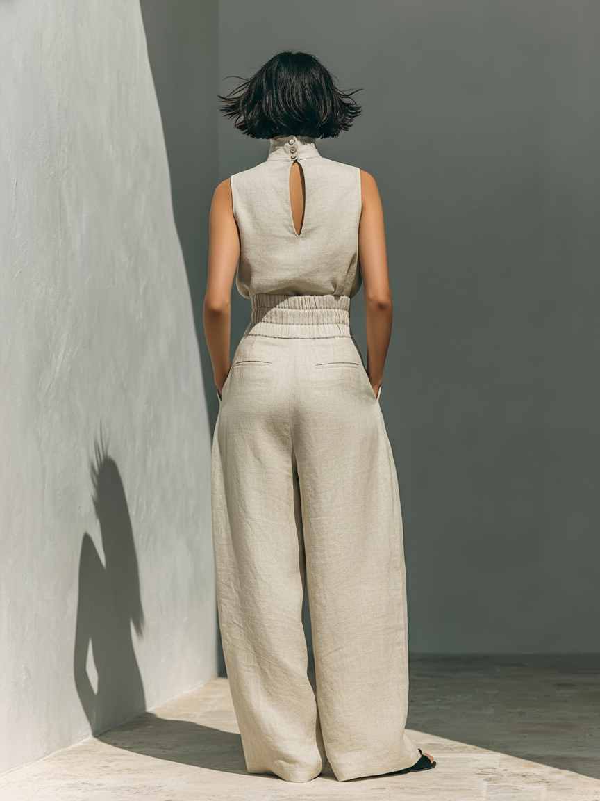 Σετ που αποτελείται από αμάνικο μπλουζάκι και παντελόνι με φαρδιά πόδια, κατασκευασμένο από μείγμα βαμβακιού και λινό.