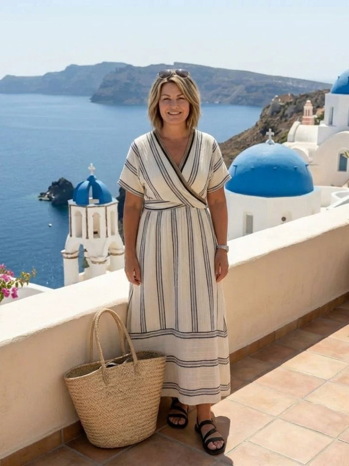 Θάλασσα | Φόρεμα Midi με V Λαιμόκοψη και Κοντό Μανίκι