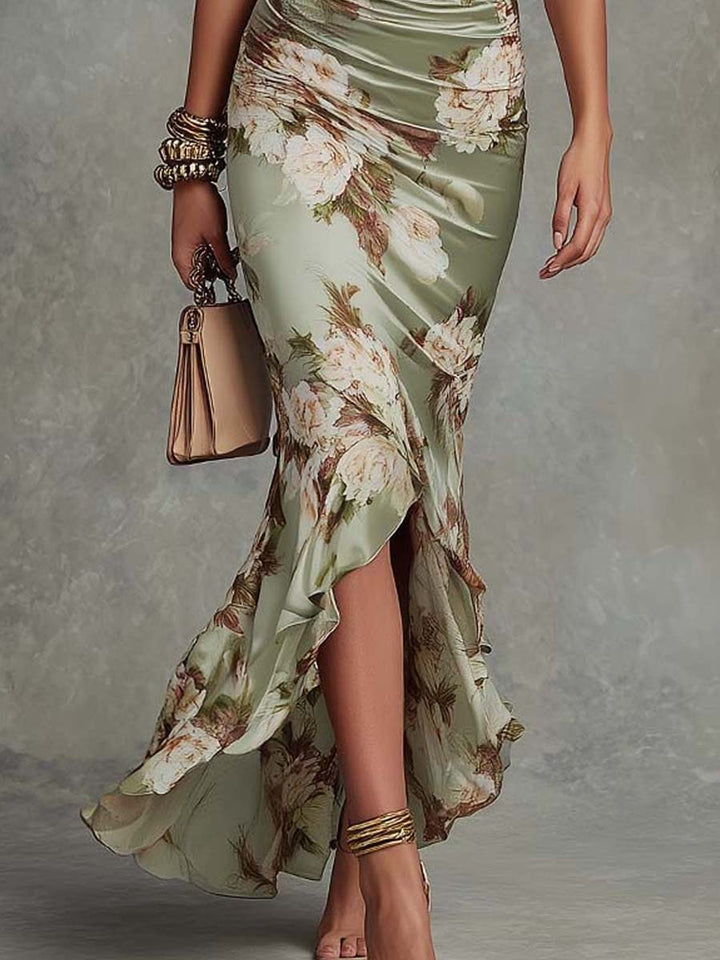 Πράσινο Λουλουδάτο Ρυθμισμένο Μανίκι Κουδουνιού V-λαιμό Σατέν Ασύμμετρο Maxi Φόρεμα